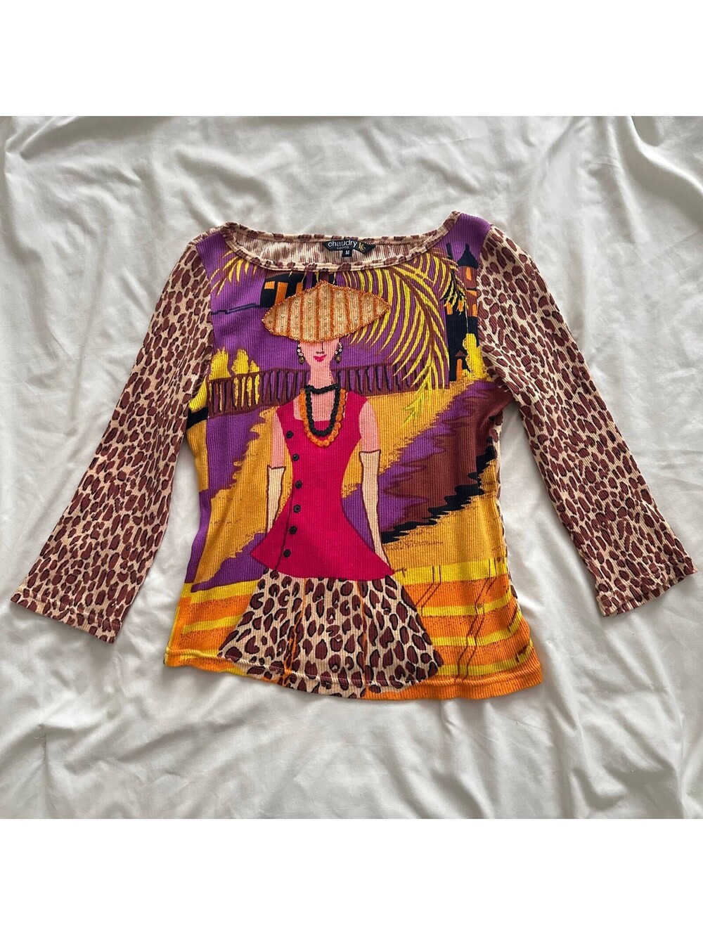 Y2K 2000s Graphic Embellished Statement Top 3/4 Sleeve Leopard Pattern Women's M